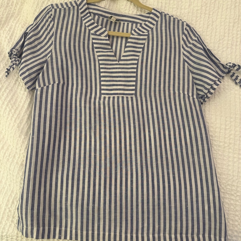 Talbots Blue and White Linen Striped Blouse